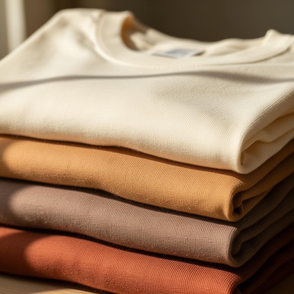 Folded organic cotton tees in earth tones